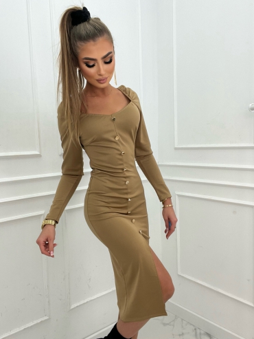 Sukienka midi złote guziki camelowa-Tamara