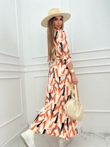 Sukienka maxi z paskiem beżowo pomarańczowa Marell