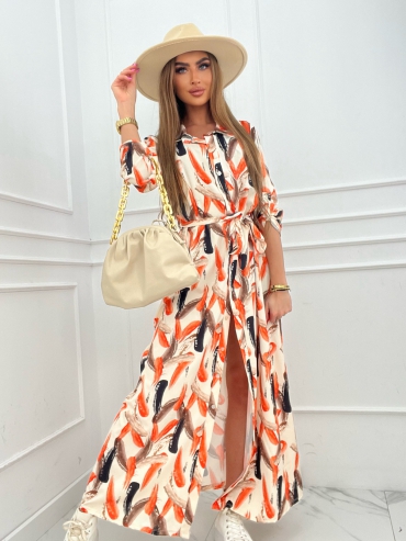 Sukienka maxi z paskiem beżowo pomarańczowa Marell