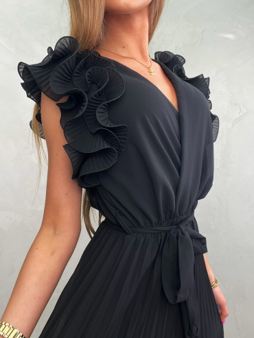 Plisowana sukienka maxi z falbanami na rękawach czarna Fancy