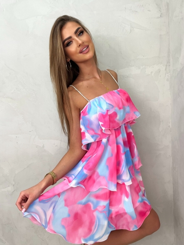 Sukienka wzór mini z ozdobnymi ramiączkami różowo błękitna Aria