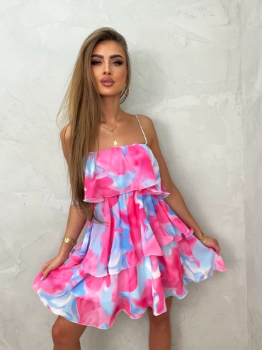 Sukienka wzór mini z ozdobnymi ramiączkami różowo błękitna Aria