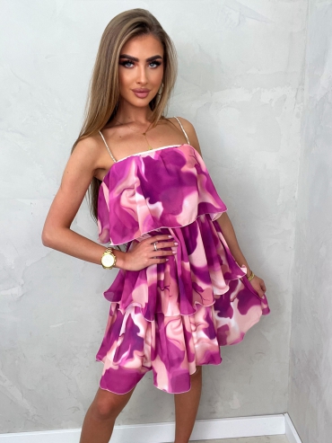 Sukienka wzór mini z ozdobnymi ramiączkami brzoskwiniowo fioletowa Aria