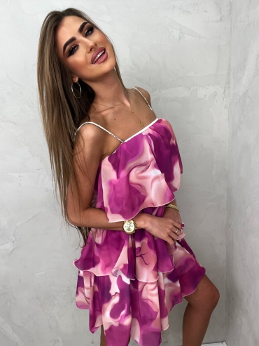 Sukienka wzór mini z ozdobnymi ramiączkami brzoskwiniowo fioletowa Aria