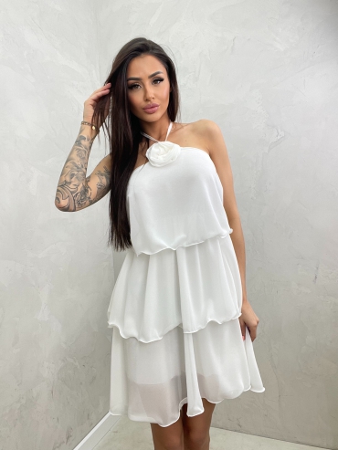 Sukienka mini z falbanami wiązana na szyi biała Milani