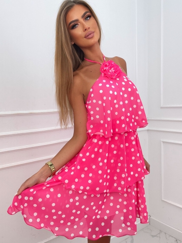 Sukienka mini w kropki wiązana na szyi neon róż Marisa