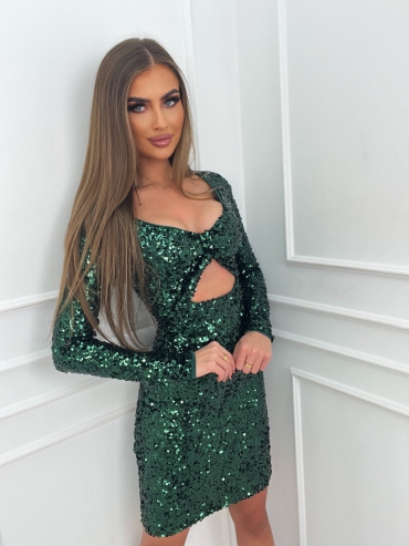 Sukienka cekinowa mini z wycięciem butelkowa zieleń Yuka