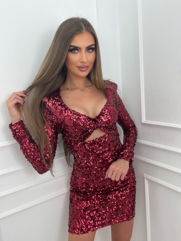 Sukienka cekinowa mini z wycięciem bordowa Yuka