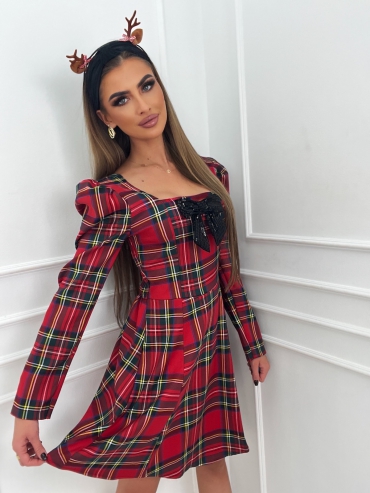 Sukienka rozkloszowana w kratę z kokardą Fiona