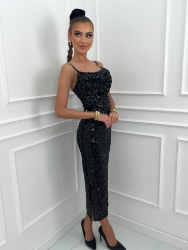 Sukienka cekinowa maxi na ramiączka czarna Greta