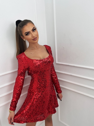 Sukienka cekinowa rozkloszowana z kokardą czerwona Rina