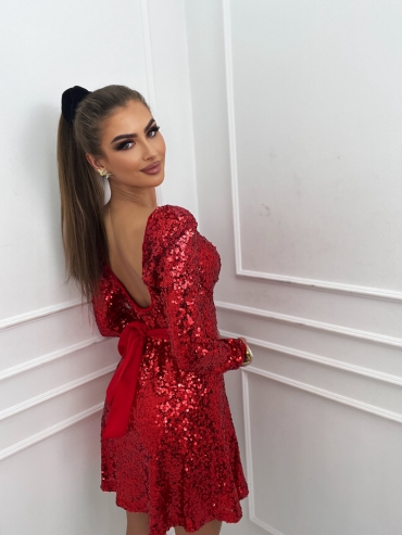 Sukienka cekinowa rozkloszowana z kokardą czerwona Rina