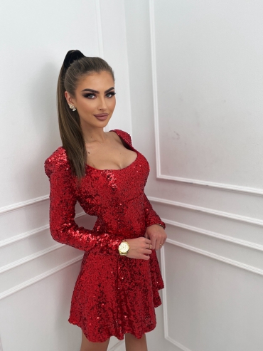 Sukienka cekinowa rozkloszowana z kokardą czerwona Rina