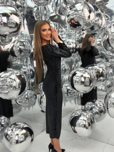 Sukienka welurowa maxi z cyrkoniami czarna Camelia