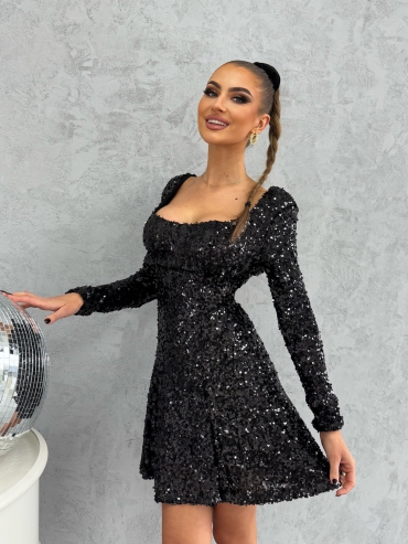 Sukienka cekinowa rozkloszowana z kokardą czarna Rina