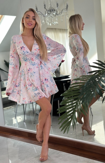 Sukienka mini rozkloszowana w kwiaty kremowa Lilith