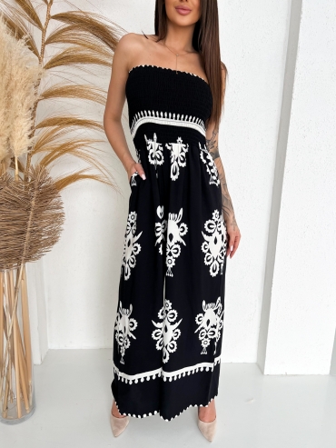 Kombinezon z szeroką nogawka i gumką w biuście boho czarny Priscilla