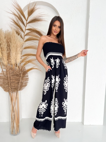 Kombinezon z szeroką nogawka i gumką w biuście boho czarny Priscilla