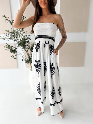 Kombinezon z szeroką nogawka i gumką w biuście boho biały Priscilla