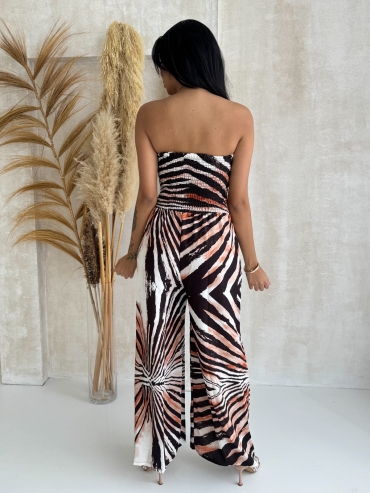 Kombinezon z szeroką nogawka i gumką w biuście zebra karmel czekolada Priscilla