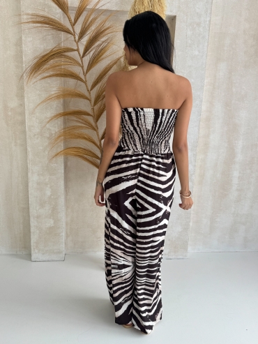 Kombinezon z szeroką nogawka i gumką w biuście zebra beż czekolada Priscilla