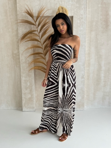 Kombinezon z szeroką nogawka i gumką w biuście zebra beż czekolada Priscilla
