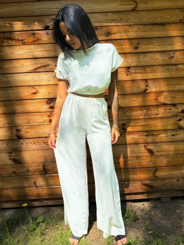 Komplet bluzka i spodnie wide leg biały Stella