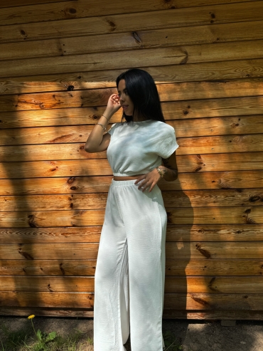 Komplet bluzka i spodnie wide leg biały Stella