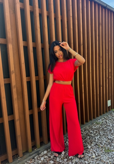 Komplet bluzka i spodnie wide leg czerwony Stella