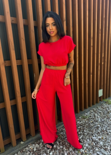 Komplet bluzka i spodnie wide leg czerwony Stella