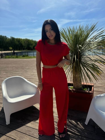 Komplet bluzka i spodnie wide leg czerwony Stella