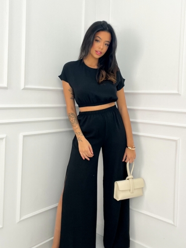 Komplet bluzka i spodnie wide leg czarny Stella