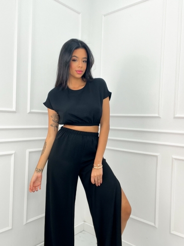 Komplet bluzka i spodnie wide leg czarny Stella