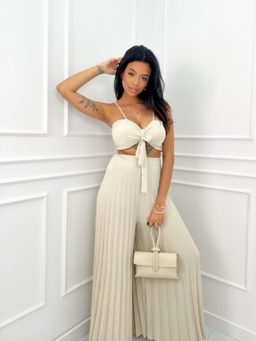 Komplet top i spodnie plisowane wide leg beż Cassandra