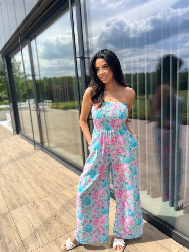 Kombinezon kwiatowy z szeroką nogawka i gumką w biuście mięta flower Priscilla