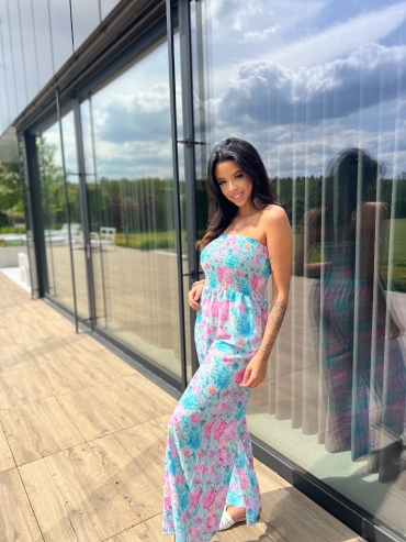 Kombinezon kwiatowy z szeroką nogawka i gumką w biuście mięta flower Priscilla