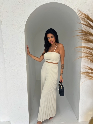 Komplet top i spodnie plisowane wide leg beż Cassandra