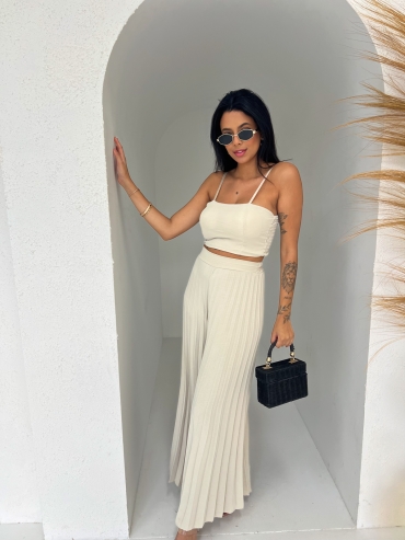 Komplet top i spodnie plisowane wide leg beż Cassandra