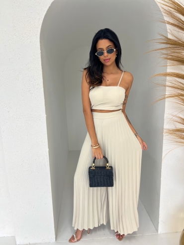 Komplet top i spodnie plisowane wide leg beż Cassandra