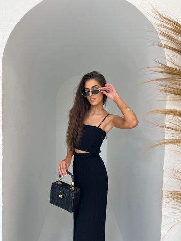 Komplet top i spodnie plisowane wide leg czarny Cassandra
