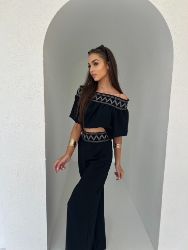 Komplet bluzka i spodnie wide leg czarny Sofia