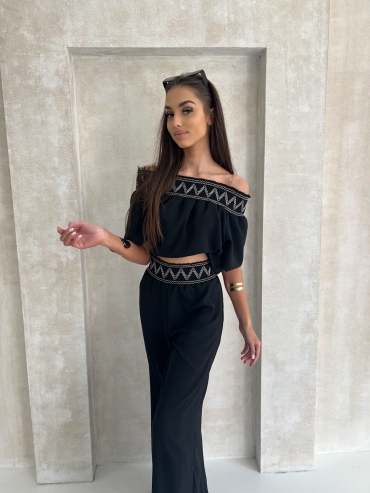 Komplet bluzka i spodnie wide leg czarny Sofia