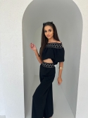 Komplet bluzka i spodnie wide leg czarny Sofia