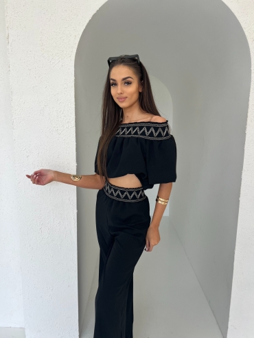 Komplet bluzka i spodnie wide leg czarny Sofia