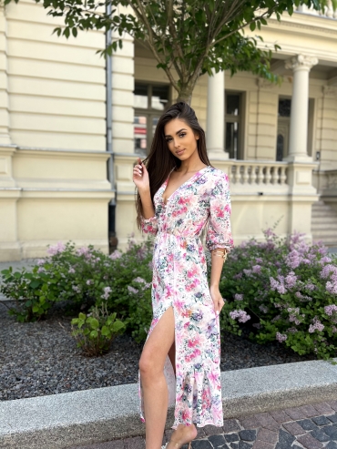 Sukienka midi kremowa w kwiaty z guzikami Amber