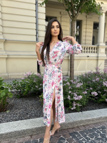 Sukienka midi kremowa w kwiaty z guzikami Amber