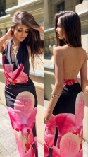 Sukienka maxi na szyję w kwiaty czarna Marocco