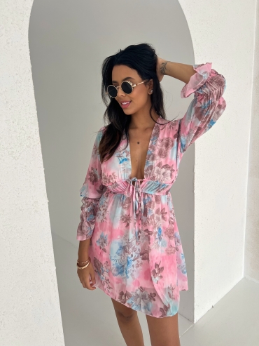 Sukienka mini w kwiaty cukierkowy róż Floral