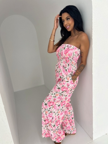 Kombinezon kwiatowy z szeroką nogawka i gumką w biuście biały flower Priscilla