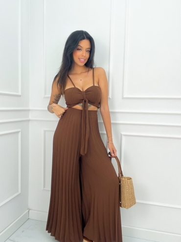 Komplet top i spodnie plisowane wide leg czekolada Cassandra